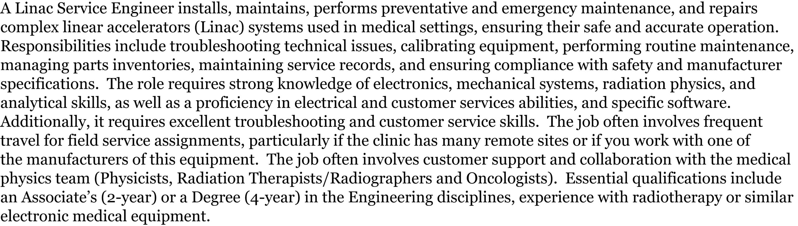 Linac Engineer job description first paragraph